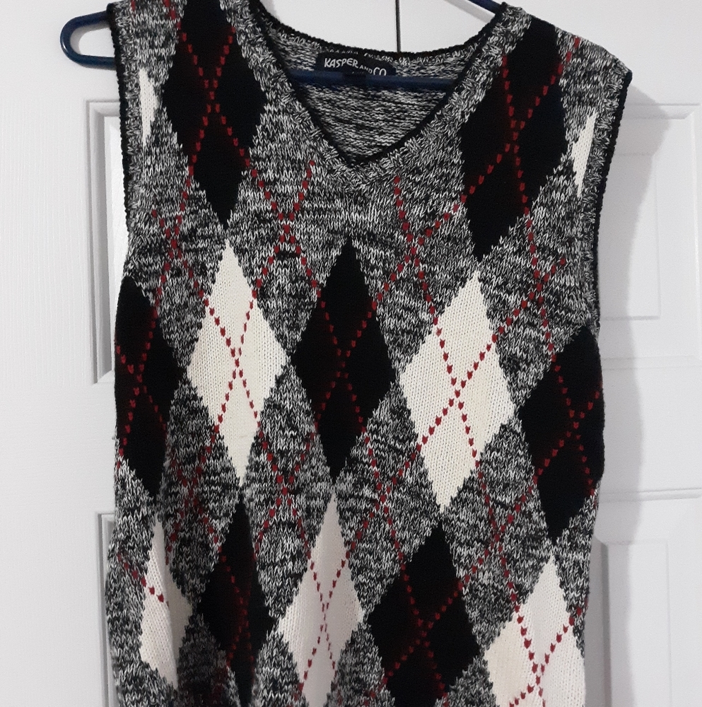 Kasper and CO, Vintage Men's Sweater Vest,  Size L, Black/White/Red